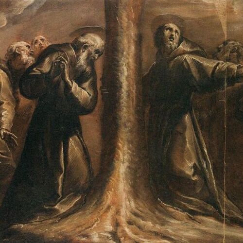 Religious Figures Praying at the Foot of a Tree