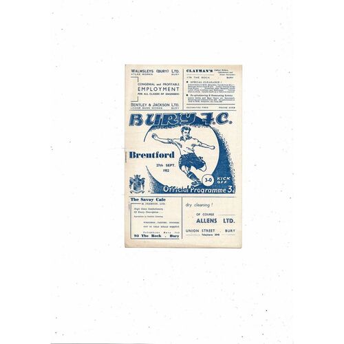 1952/53 Bury v Brentford Football Programme