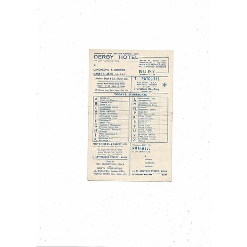 1952/53 Bury v Brentford Football Programme