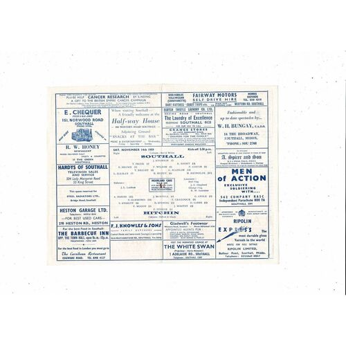 1959/60 Southall v Hitchin Athenian League Football Programme