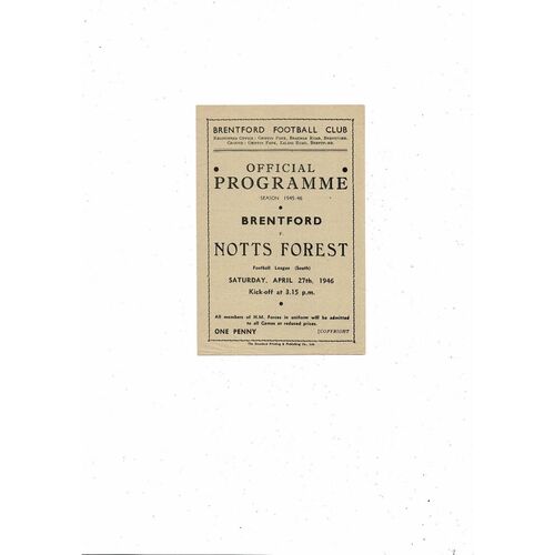 1945/46 Brentford v Nottingham Forest Football Programme