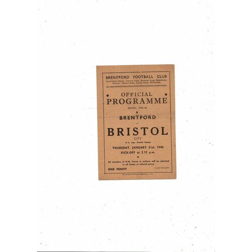 1945/46 Brentford v Bristol City FA Cup Football Programme