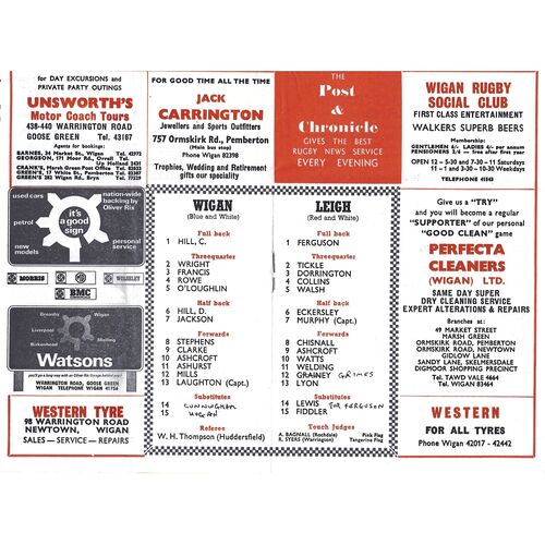 1969/70 Wigan v Leigh (16/12/1969) BBC2 Floodlight Competition Final Rugby League Programme