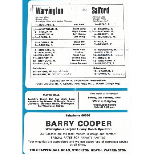 1974/75 Warrington v Salford (28/01/1975) BBC2 Floodlight Competition Final Replay Rugby League Programme