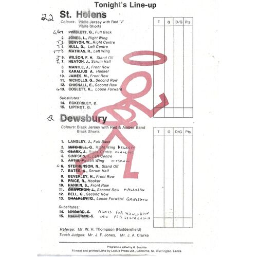 1975/76 St. Helens v Dewsbury (16/12/1975) BBC2 Floodlight Competition Final Rugby League Programme