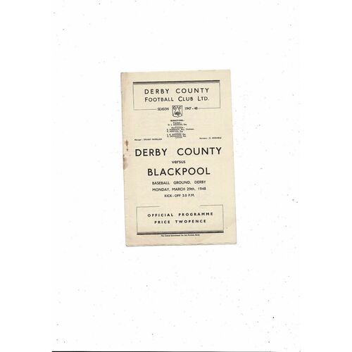 1947/48 Derby County v Blackpool Football Programme