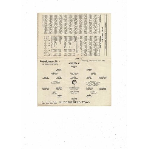 1947/48 Arsenal v Huddersfield Town Football Programme