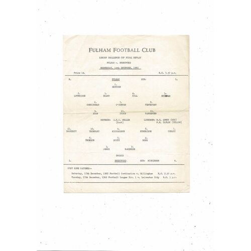 1966/67 Fulham v Brentford London Challenge Cup Final Replay Football Programme