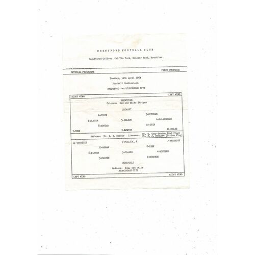 Brentford v Birmingham City Football Combination Programme 1963/64