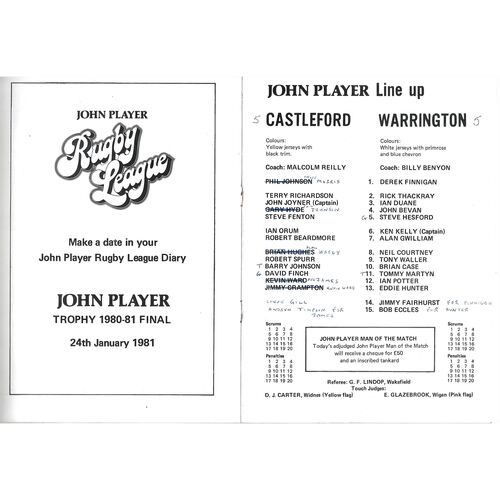 1980/1981 Castleford v Warrington (20/12/1980) John Player Trophy Semi Final Rugby League Programme