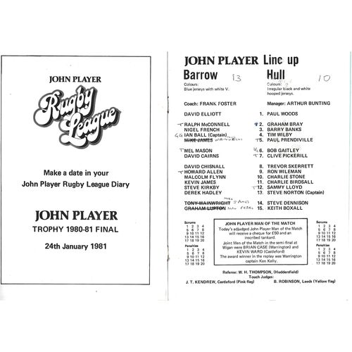 1980/1981 Barrow v Hull (10/01/1981) John Player Trophy Semi Final Rugby League Programme
