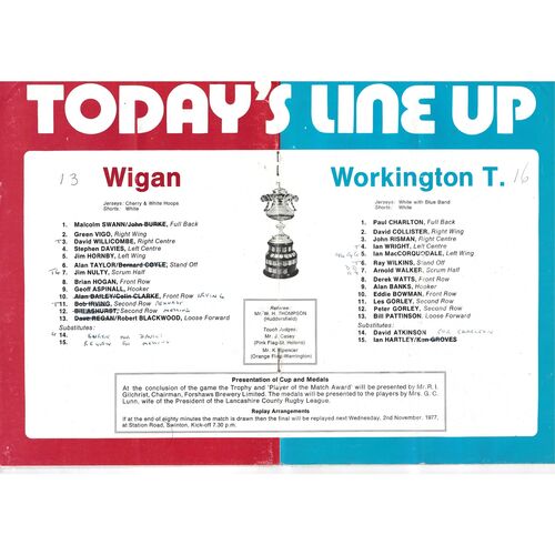 1977 Wigan v Workington Town (29/10/1977) Lancashire County Challenge Cup Final Rugby League Programme
