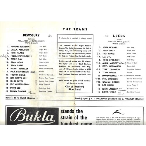 1973 Dewsbury v Leeds Northern Rugby League Championship Final Programme