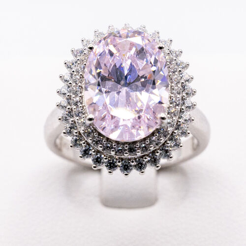 Pink Moissanite stone set on Rhodium plated 925 Sterling Silver Ring