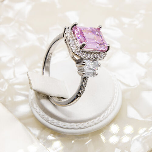 Tycoon cut pink zirconia gem stone set on rhodium plated 925 sterling silver ring