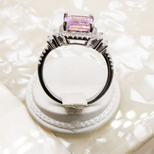Tycoon cut pink zirconia gem stone set on rhodium plated 925 sterling silver ring