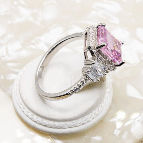 Tycoon cut pink zirconia gem stone set on rhodium plated 925 sterling silver ring