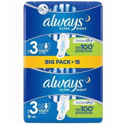 Always Ultra Night Sanitary Pads with Wings - Size 3 - Pack of 20