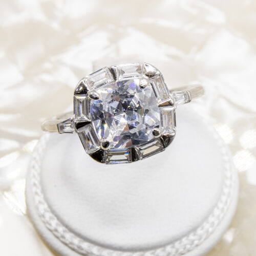 Asscher cut rhodium plated 925 sterling silver ring