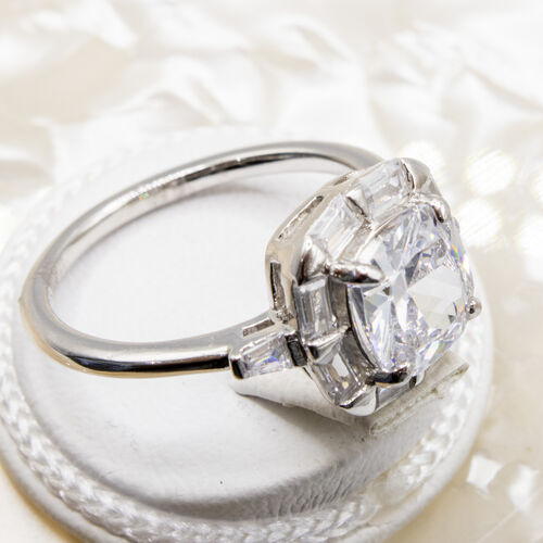 Asscher cut rhodium plated 925 sterling silver ring