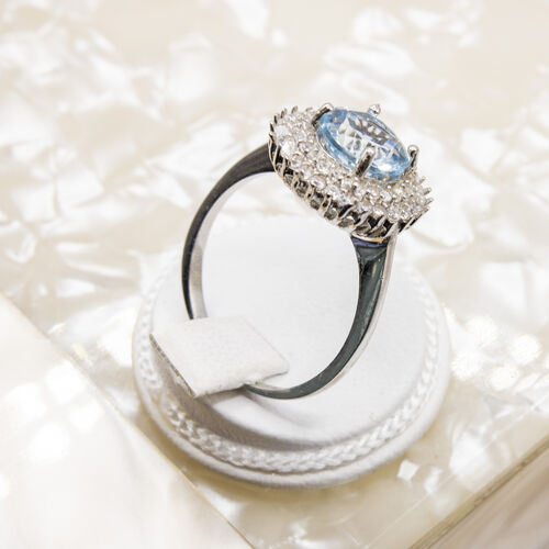 Blue Zirconia Stone set on Rhodium plated 925 Sterling Silver Ring