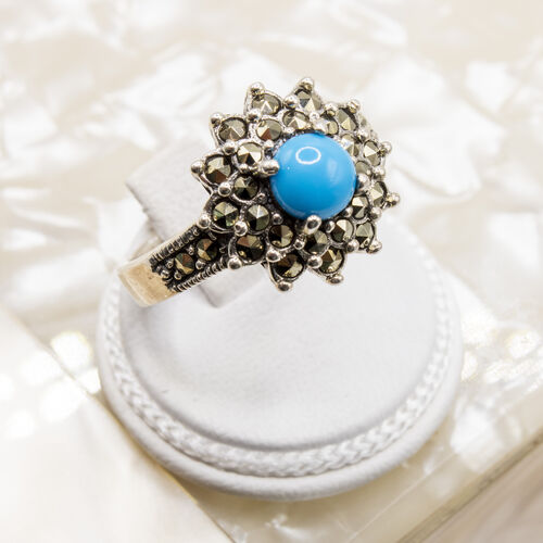 Pyrite Halo Cluster 925 Sterling Silver Turquoise Ring