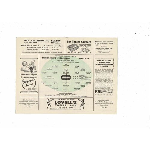 1948/49 Charlton Athletic v Middlesbrough Football Programme