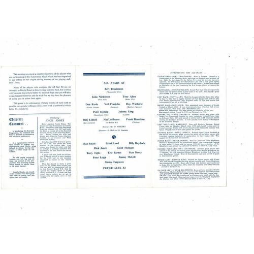 Crewe Alexandra v All Star X1 Dick Jones Testimonial Football Programme 1961/62