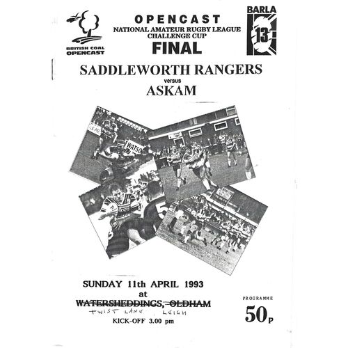 1993 Saddleworth Rangers v  Askam (11/04/1993) BARLA National Amateur Rugby League Challenge Cup Final Rugby League Programme
