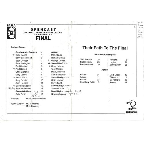 1993 Saddleworth Rangers v  Askam (11/04/1993) BARLA National Amateur Rugby League Challenge Cup Final Rugby League Programme