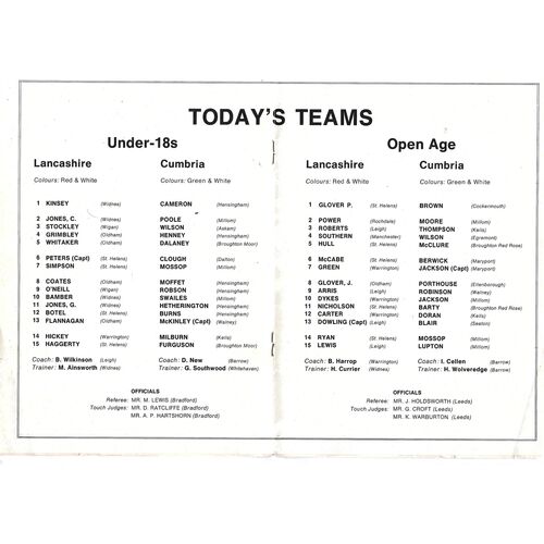 1978 Lancashire v Cumbria (05/02/1978) BARLA County Championships Rugby League Programme