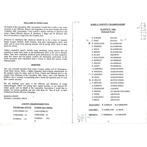 1996 Lancashire v Yorkshire (13/10/1996) BARLA County Championship Youth & Junior Rugby League Programme