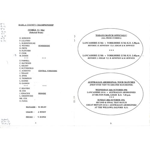 1996 Lancashire v Yorkshire (13/10/1996) BARLA County Championship Youth & Junior Rugby League Programme