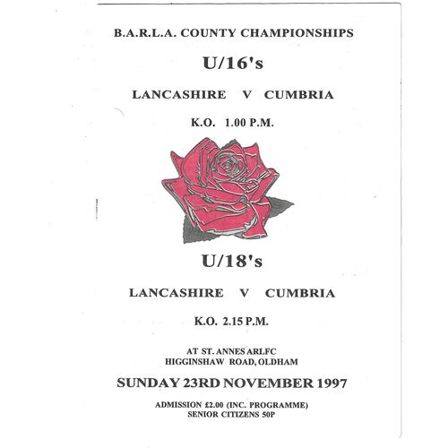 1997 Lancashire v Cumbria (23/11/1997) BARLA County Championship U16's & U18's Rugby League Programme