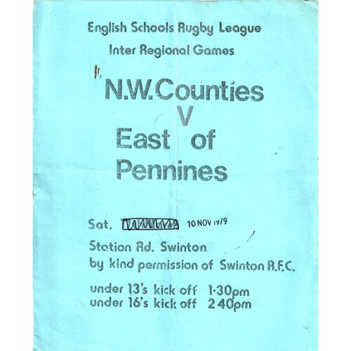English Schools Rugby League Inter Regional Games Rugby League Programmes