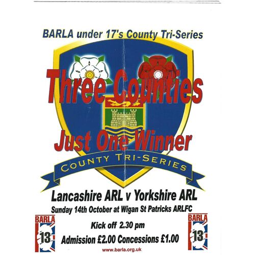 2012 Lancashire A.R.L v Yorkshire A.R.L (14/10/2012) BARLA Under 17's County Tri-Series Rugby League Programme