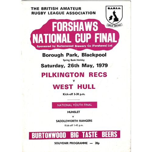 1979 Pilkington Recs v West Hull (26/05/1979) BARLA Forshaw's National Cup Final Rugby League Programme and cuttings