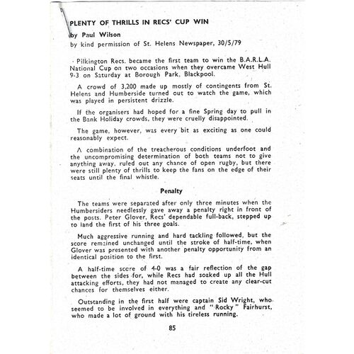 1979 Pilkington Recs v West Hull (26/05/1979) BARLA Forshaw's National Cup Final Rugby League Programme and cuttings