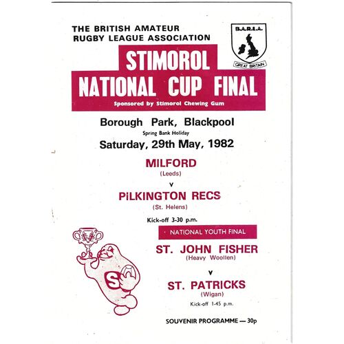 1982 Milford v Pilkington Recs (29/05/1982) BARLA Stimrol National Cup Final Rugby League Programme and cuttings