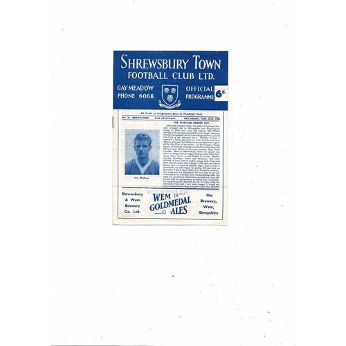1959/60 Shrewsbury Town v Brentford Football Programme