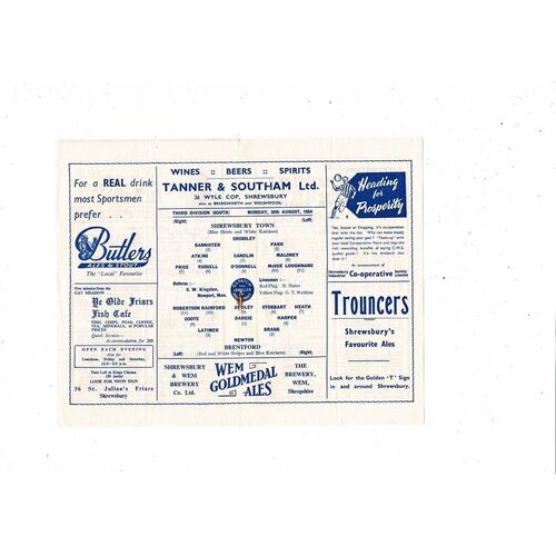 1954/55 Shrewsbury Town v Brentford Football Programme