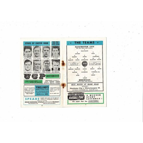 Manchester City v Hibernian Friendly Football Programme 1957/58