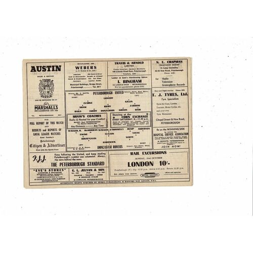 Peterborough United v Doncaster Rovers Midland League Football Programme 1955/56