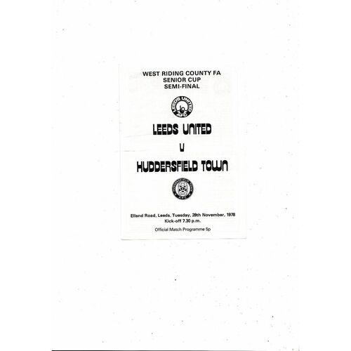 1978/79 Leeds v Huddersfield West Riding Cup Semi Final Football Programme