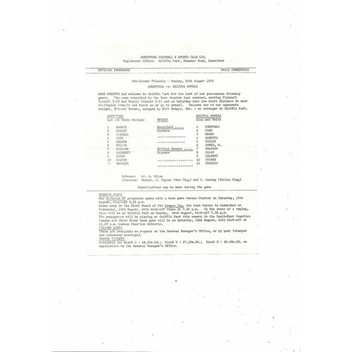 Brentford v Bristol Rovers Friendly Football Programme 1970/71