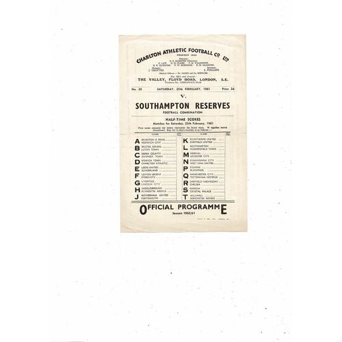 Charlton Athletic v Southampton Football Combination Programme 1960/61