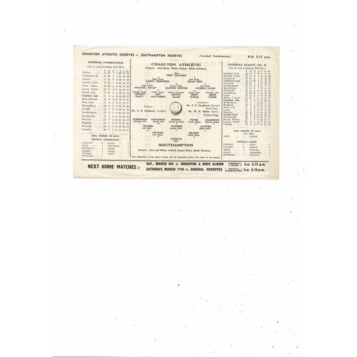 Charlton Athletic v Southampton Football Combination Programme 1960/61