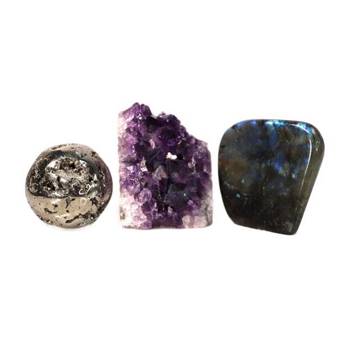 Labradorite, Pyrite & Amethyst Freeform set
