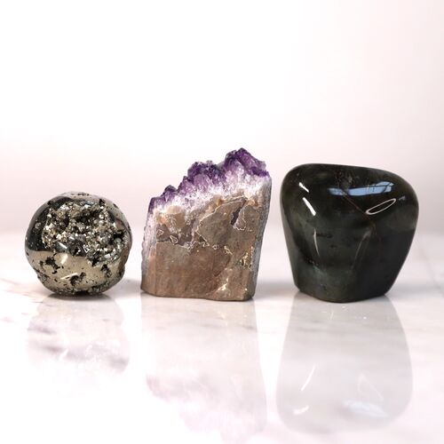 Labradorite, Pyrite & Amethyst Freeform set