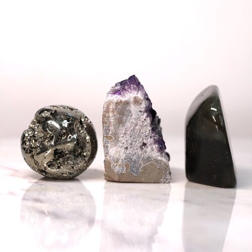 Labradorite, Pyrite & Amethyst Freeform set